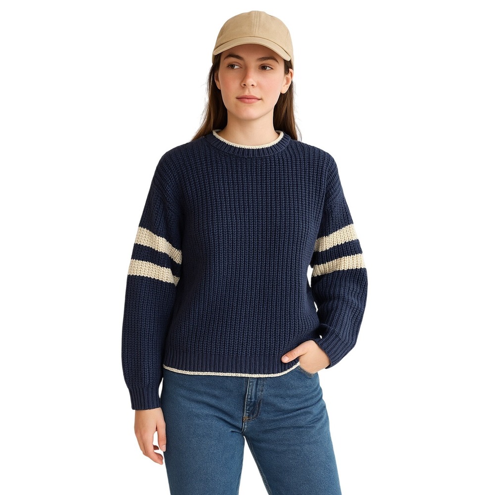 WEEKENDS 90s Navy Chunky Knit Sweater Cream Stripe Sleeve Preppy Varsity M‎